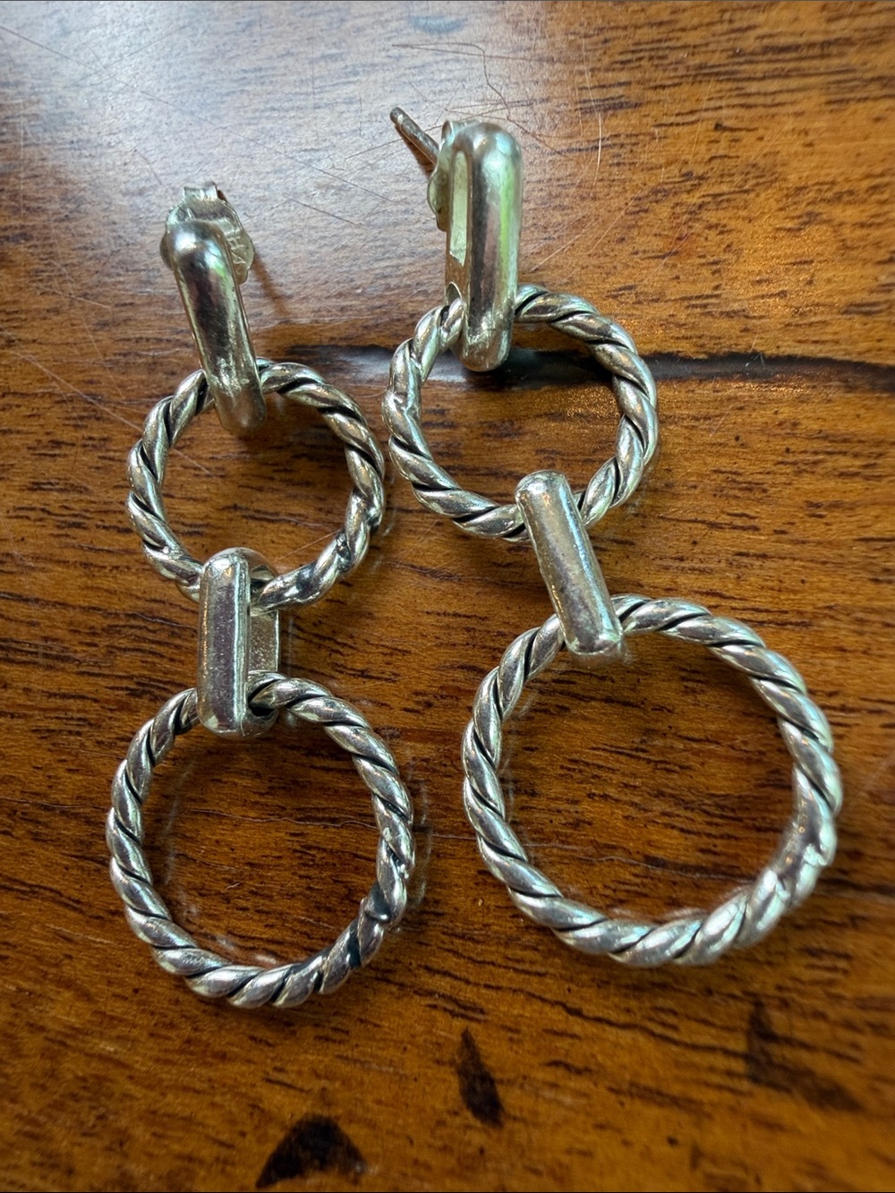 FAS Vintage Twisted Double Hoop Drop Earrings - Silver